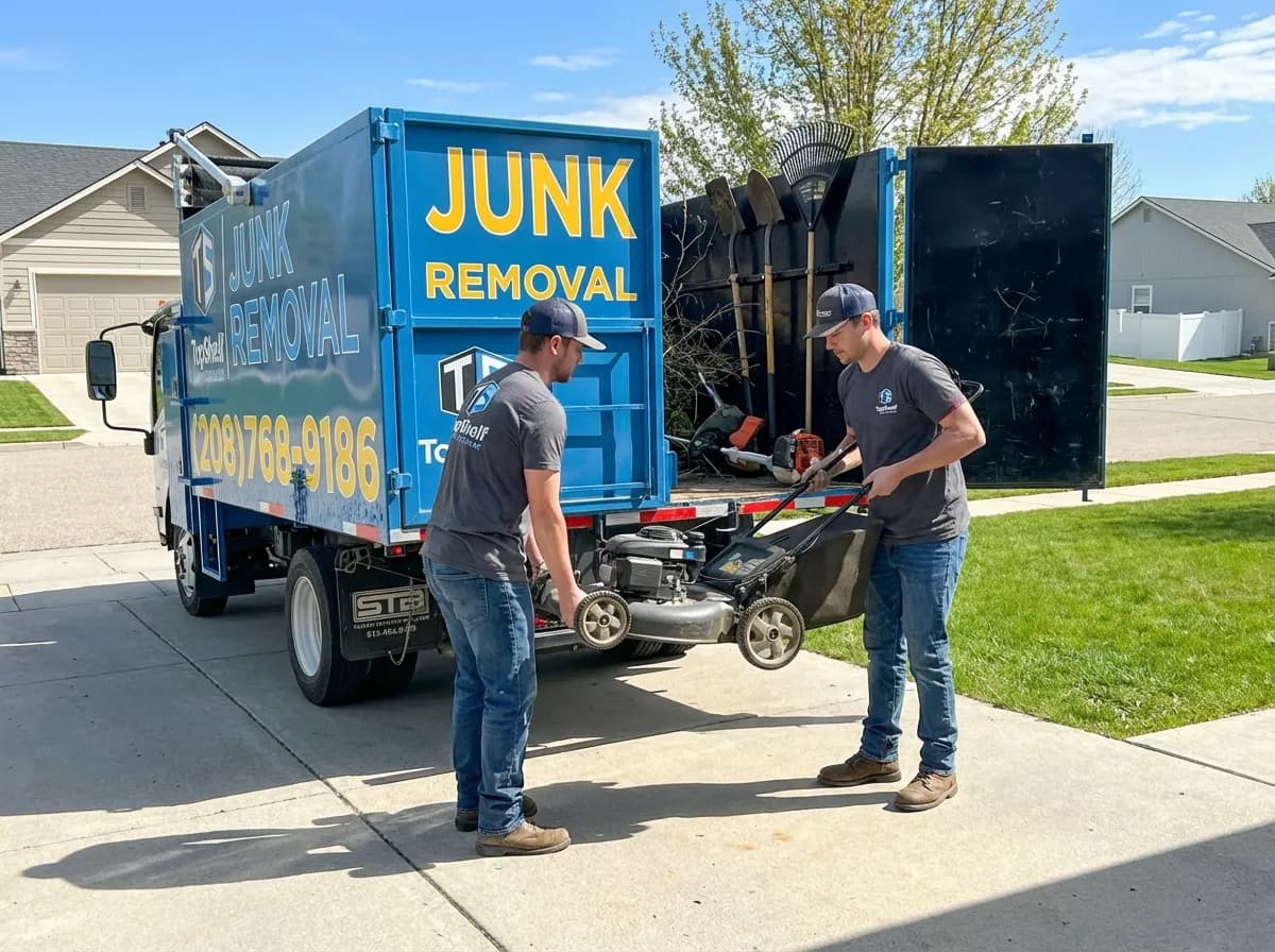 Top Shelf junk removal team hauling a lawn mower to the branded truck in Eagle Idaho