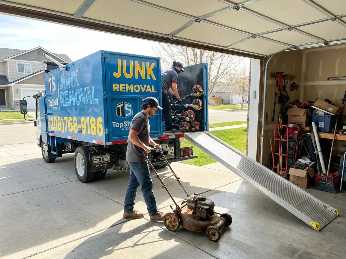 Top Shelf crew member loading a lawn mower into the junk removal truck in Emmett Idaho