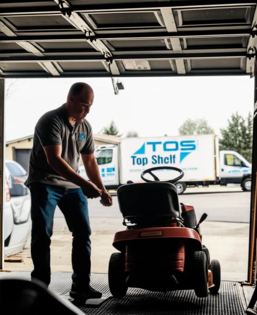 Professional crew loading an old riding lawn mower onto truck in Boise Idaho