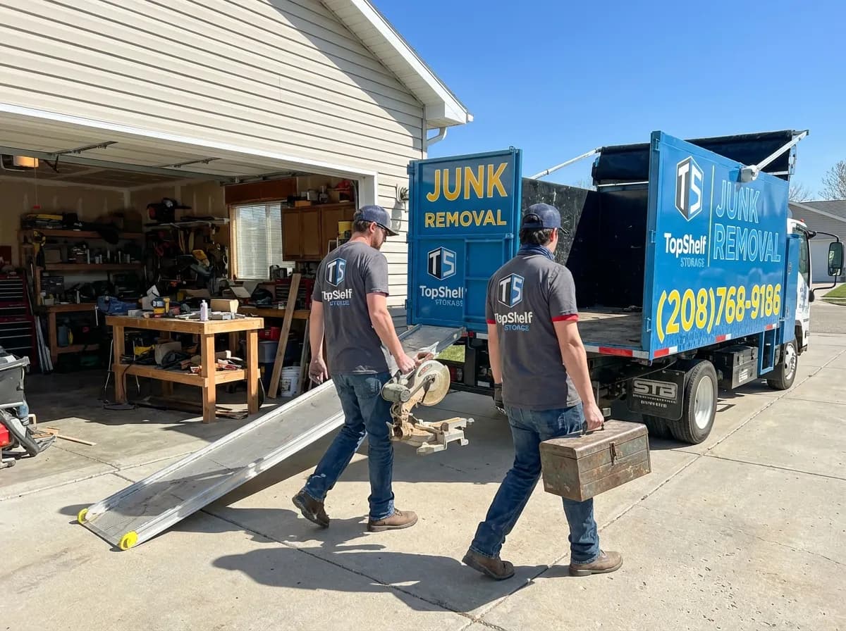 Two Top Shelf crew members carrying a miter saw and toolbox from a garage to the branded junk removal truck in Meridian Idaho
