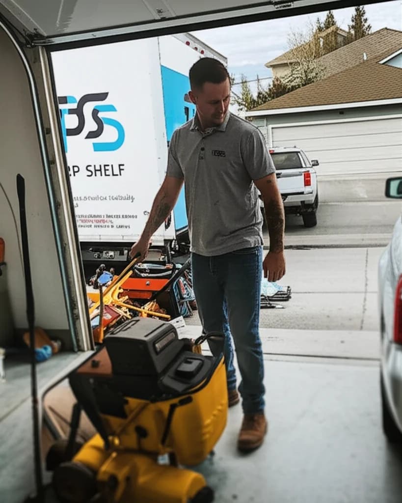 Professional crew loading old lawn mower and yard equipment from a Boise Idaho property