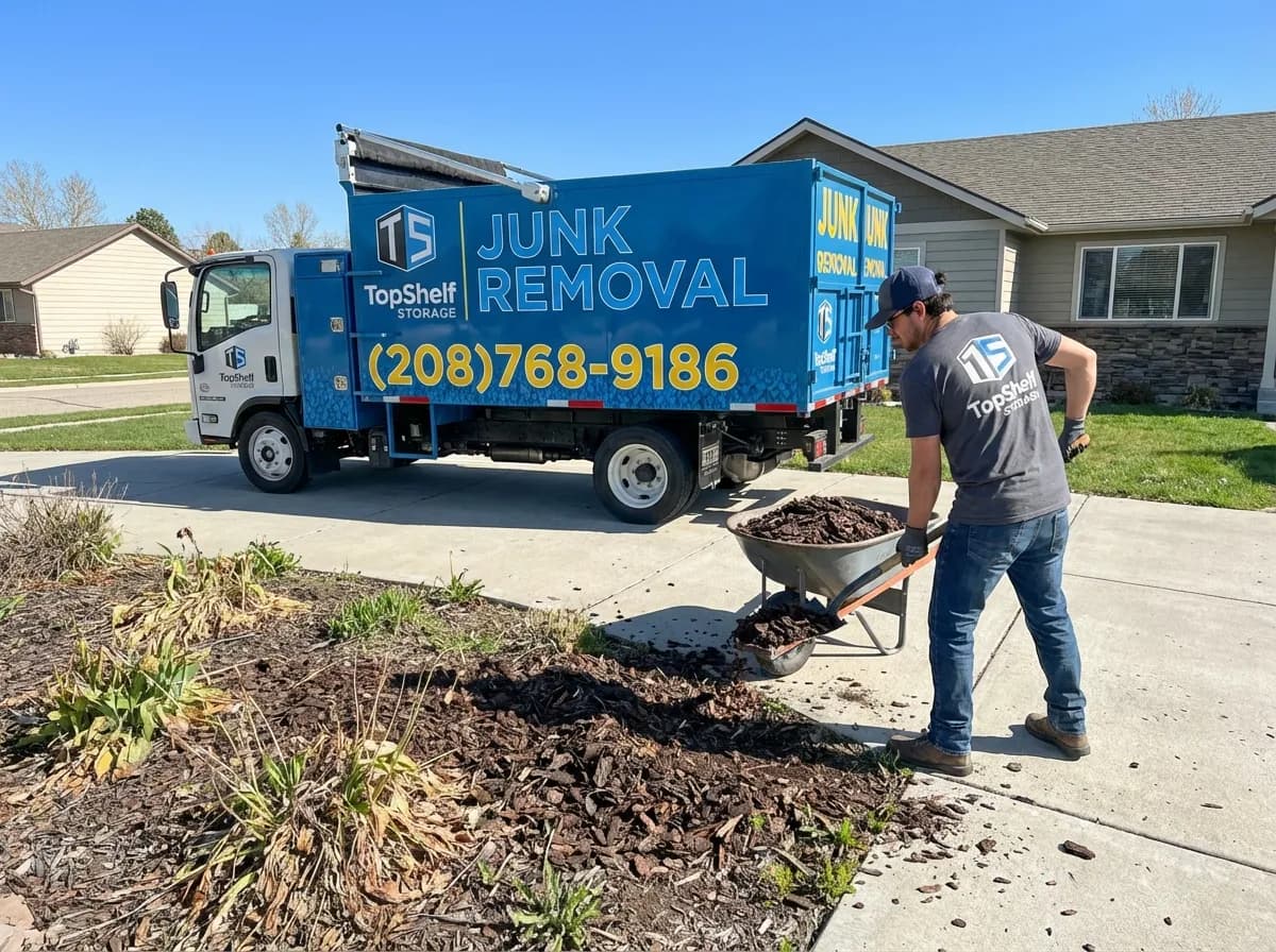 Top Shelf crew removing bark chips from a residential property in Boise Idaho