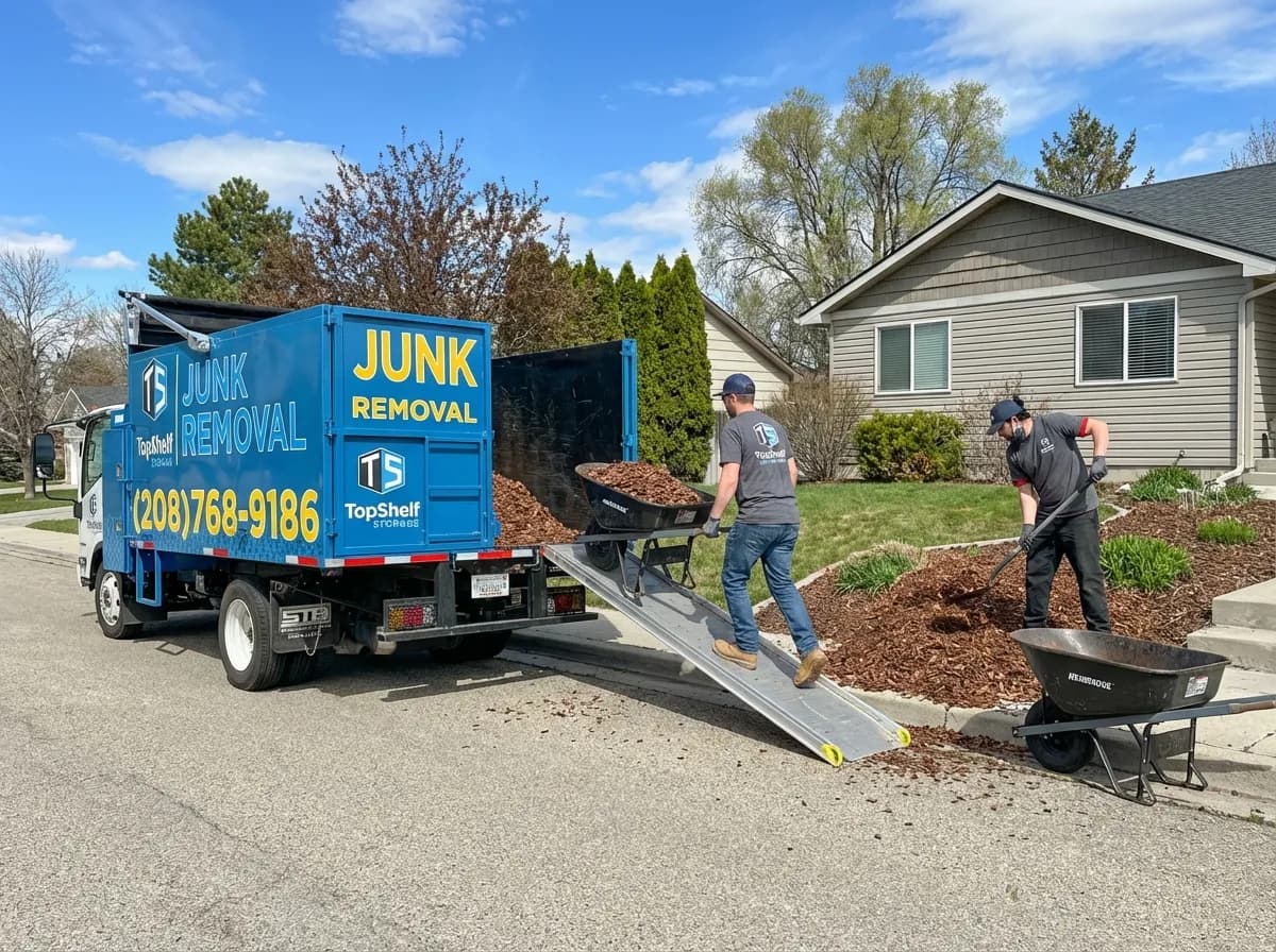 Professional bark chip removal and haul-away by Top Shelf crew in Caldwell Idaho
