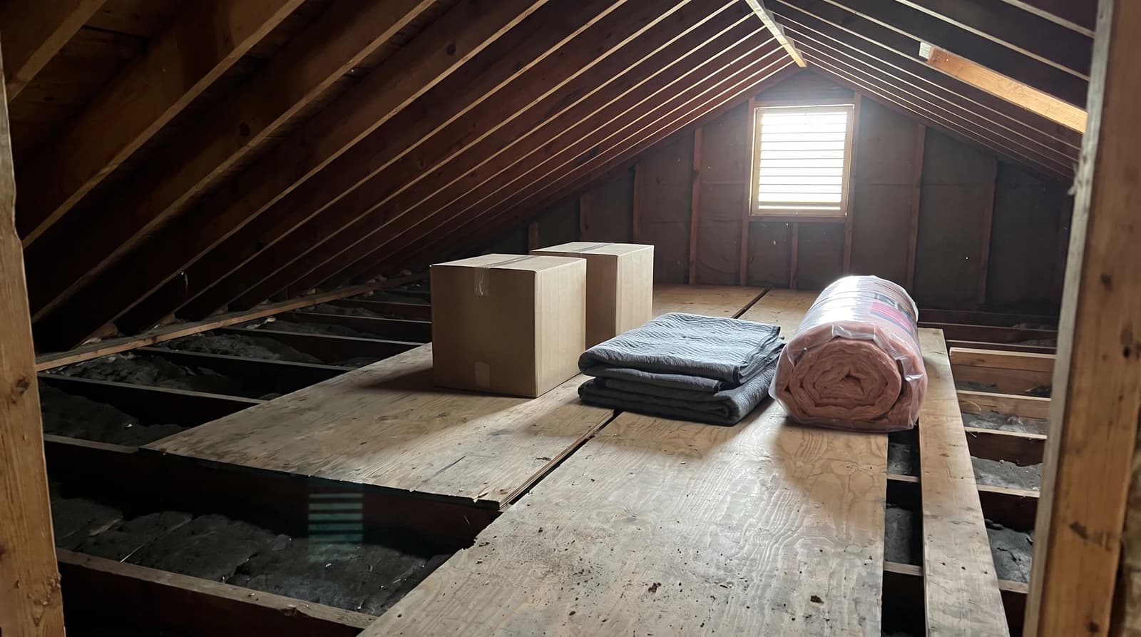 Boxes, folded blankets, and a rolled insulation batt sorted on a plywood floor after an attic cleanout at a home in Star, Idaho