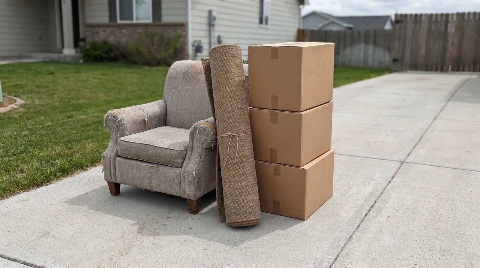 Bulk trash stacked on a driveway in Meridian, Idaho, including an old armchair, a rolled rug, and cardboard boxes ready for pickup.