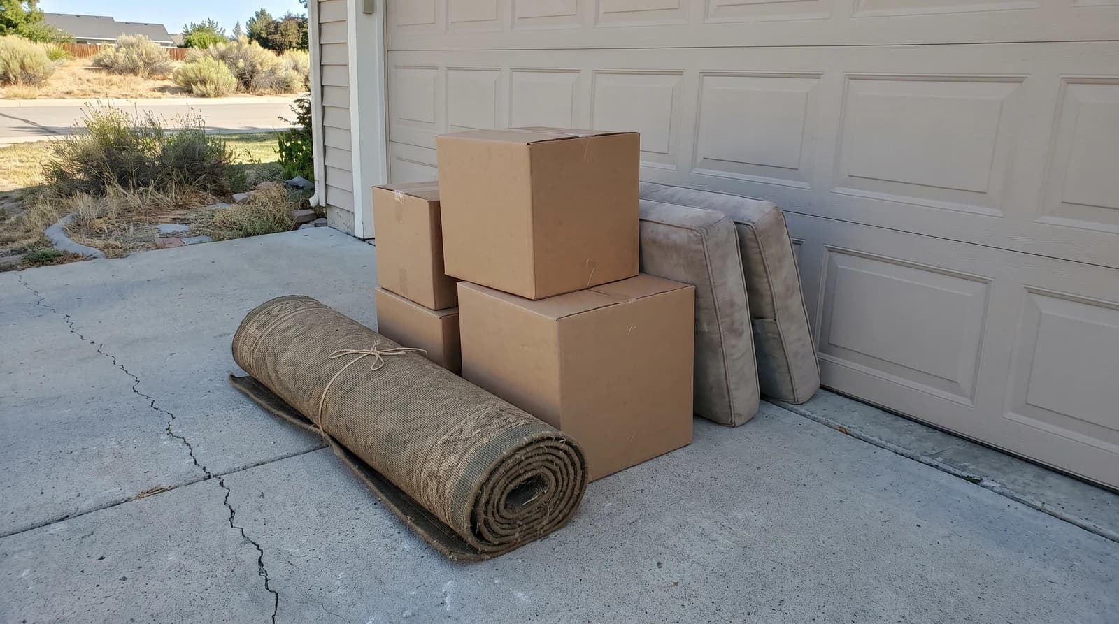 Bulk trash staged on a driveway beside a closed garage door at a home in Star, Idaho, with a rolled rug, stacked boxes, and old couch cushions ready for pickup.