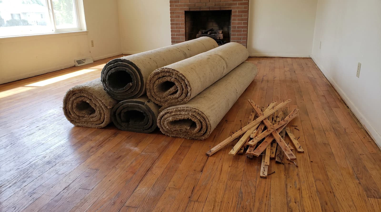 Rolled carpet and padding stacked on newly exposed oak hardwood floor after carpet removal in a Star, Idaho home