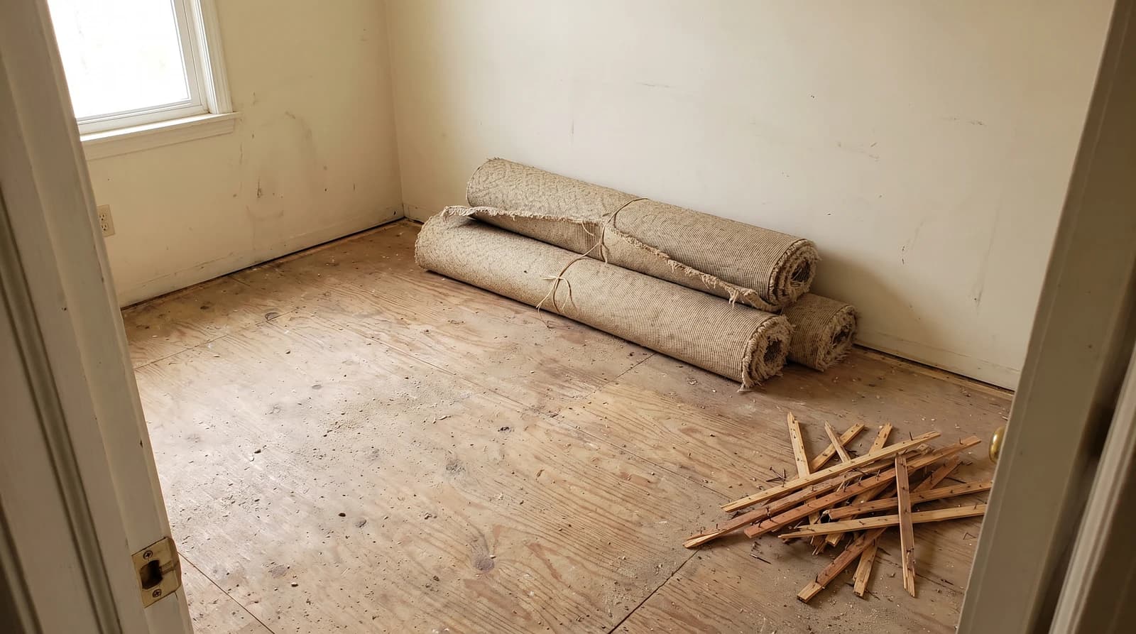 Bare plywood subfloor in an empty bedroom during a carpet removal job in Meridian, Idaho, with rolled carpet stacked against the wall and pulled tack strips piled on the floor