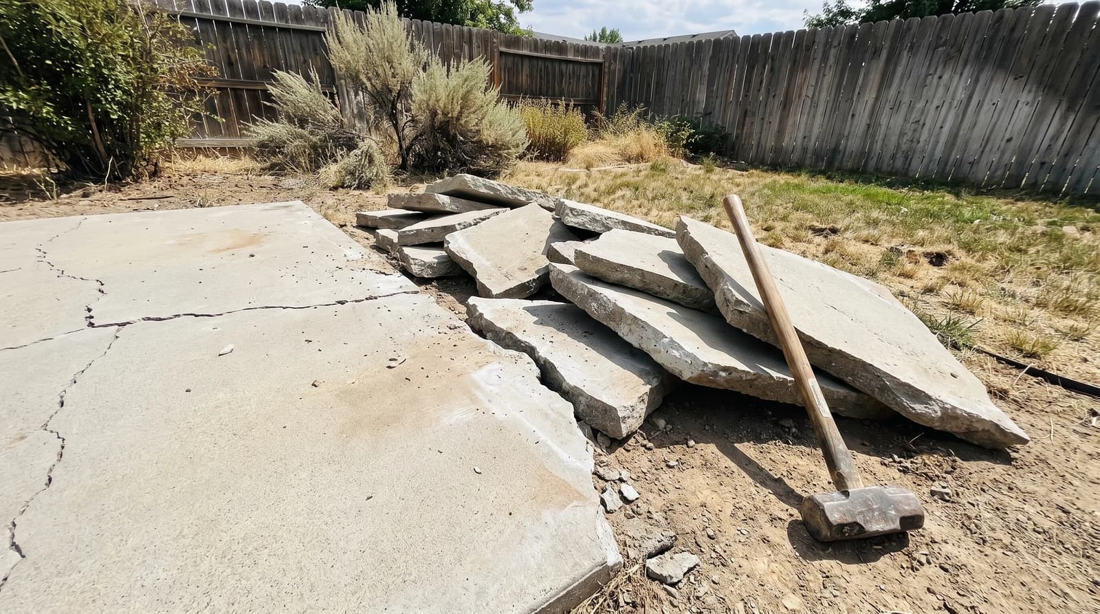 Broken concrete patio slab pieces stacked beside a demolished patio area in a Meridian, Idaho backyard