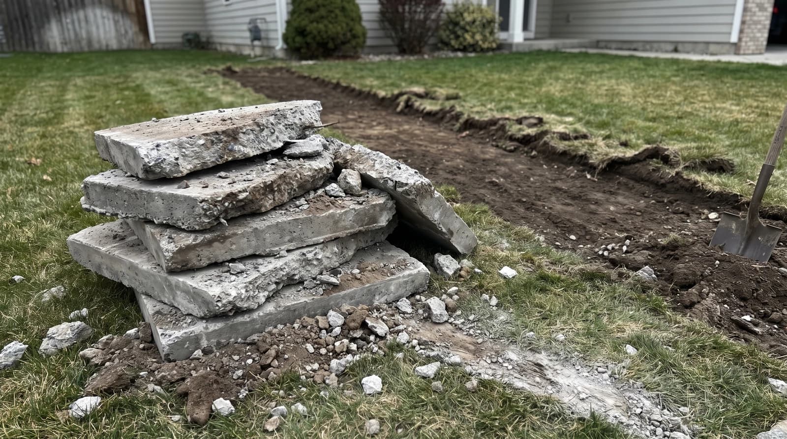 Stacked pieces of broken driveway concrete on a residential lawn beside bare dirt after a concrete removal job in Boise, Idaho.
