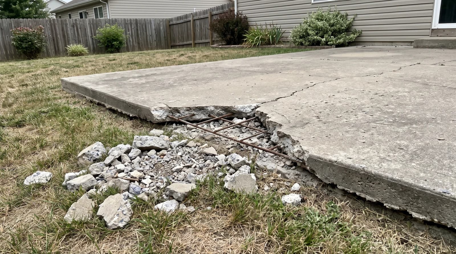 Broken concrete patio slab with exposed rebar and a pile of concrete chunks during a concrete removal job in Boise, Idaho