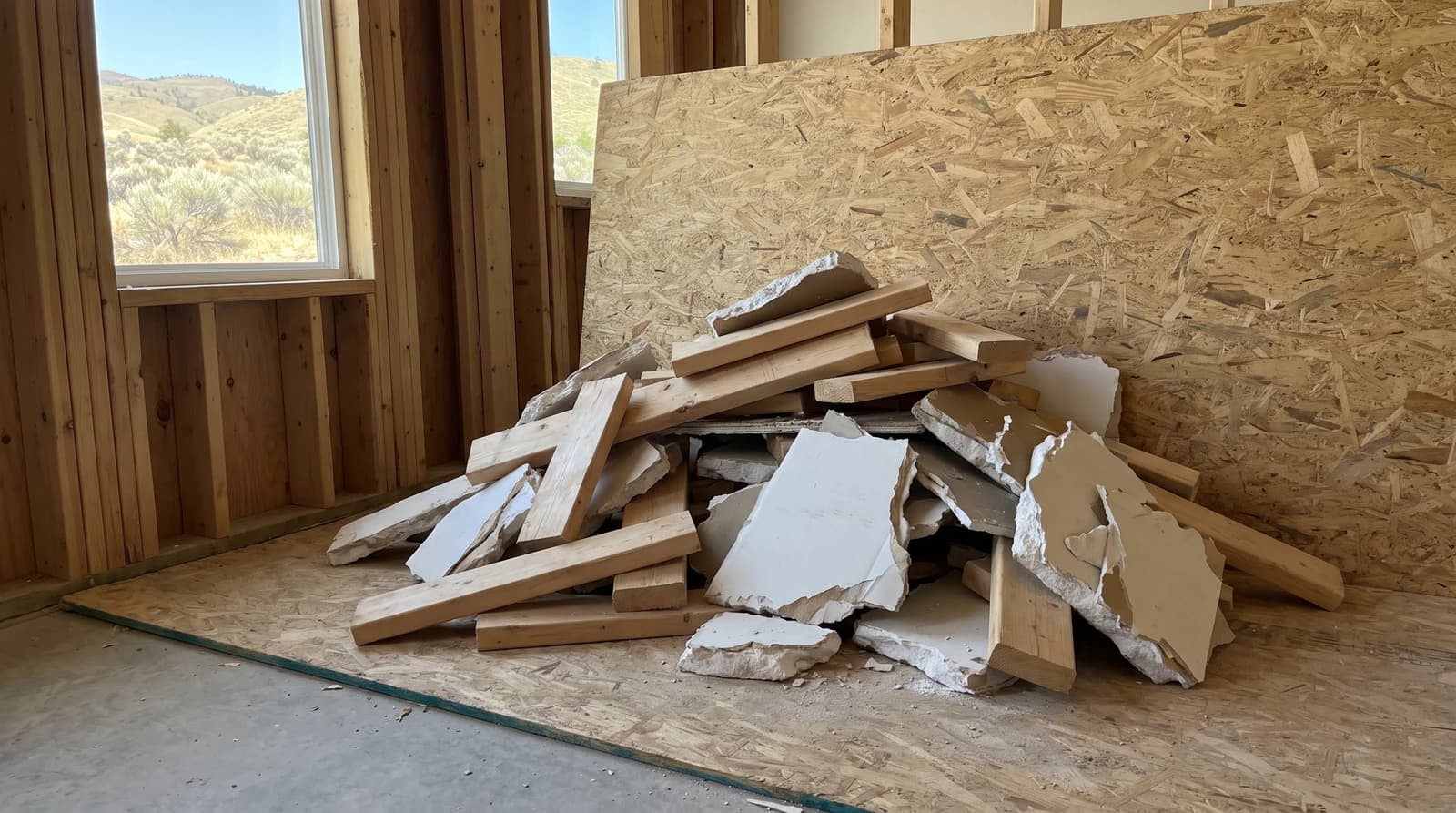 Lumber cutoffs and drywall scraps stacked beside bare wall studs during a home remodel construction cleanup in Eagle, Idaho