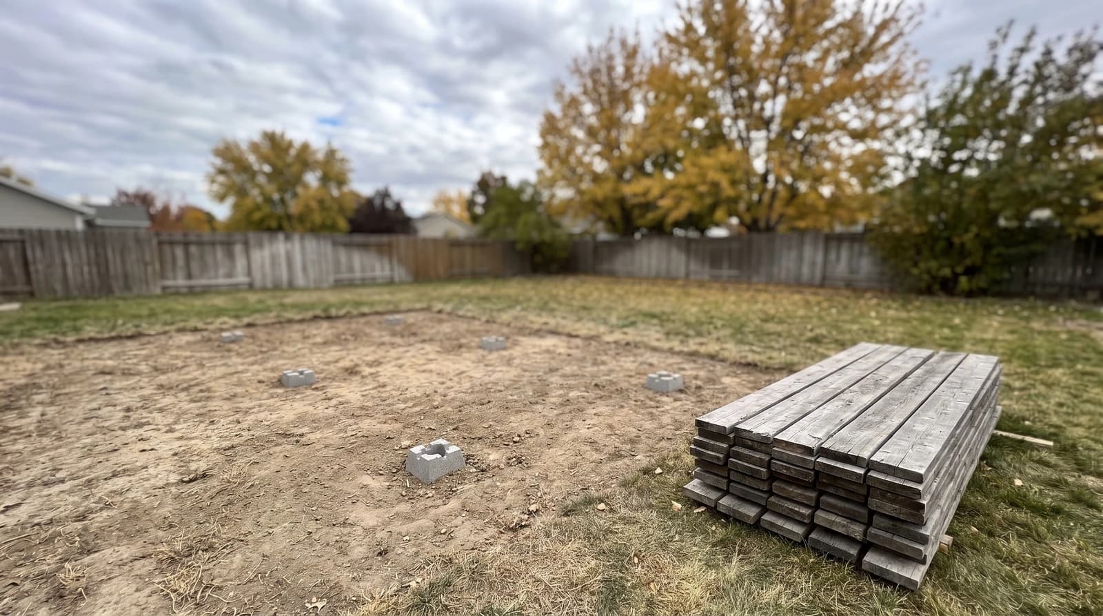 Concrete deck footings left in bare dirt beside a stack of removed deck boards after a deck removal job in Garden City, Idaho