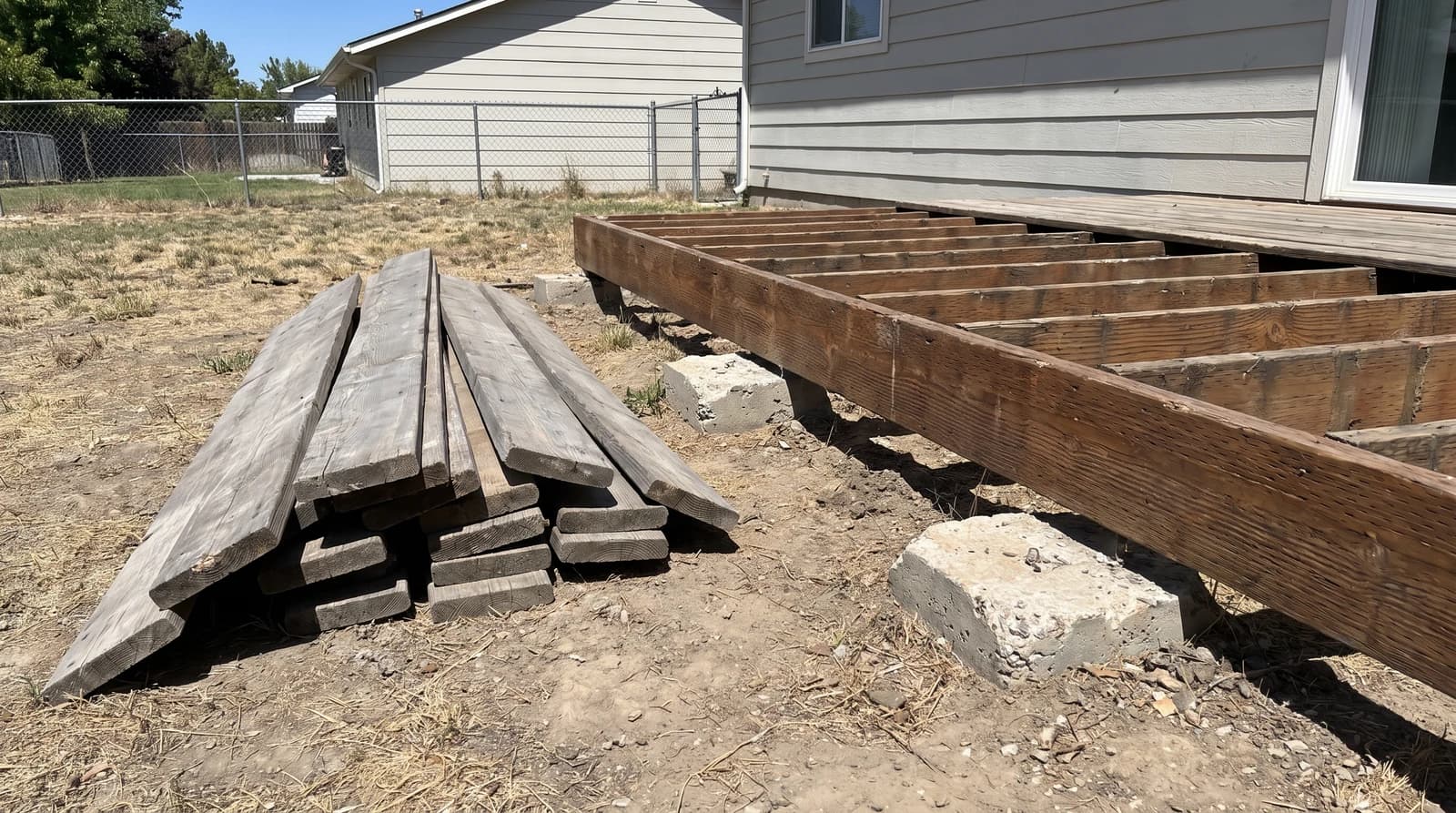 Partially dismantled backyard deck in Garden City, Idaho with weathered boards stacked beside exposed joists and concrete footings