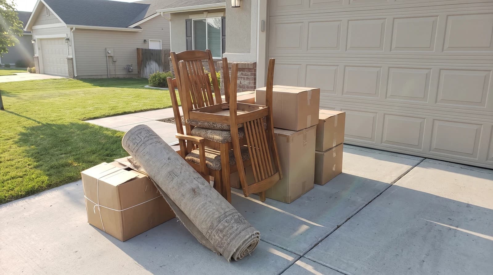 Old furniture, boxes, and a rolled rug stacked at the end of a driveway waiting for junk removal in Boise, Idaho