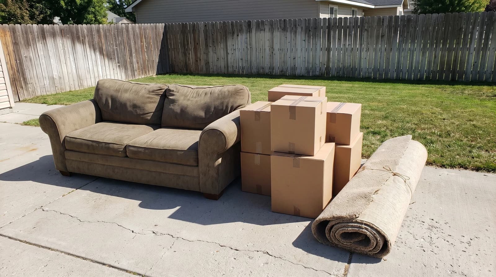 Old sofa, stacked boxes, and rolled carpet sorted in a neat pile on a residential driveway during a junk removal job in Caldwell, Idaho