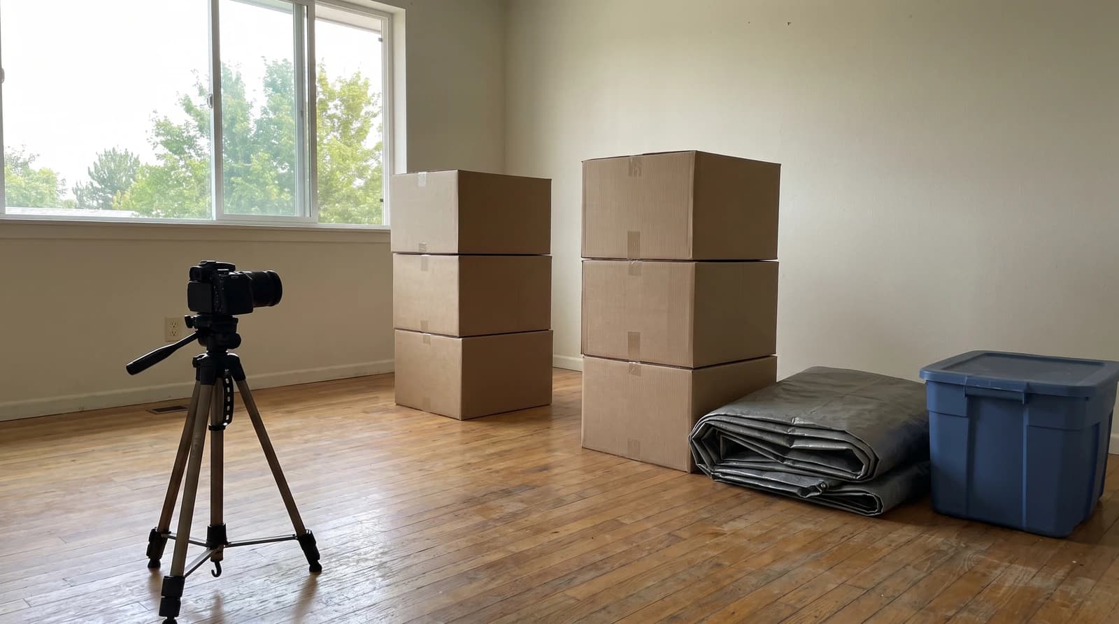 Plain cardboard boxes and a plastic bin sorted on a bare living room floor during a hoarding cleanup in Meridian, Idaho