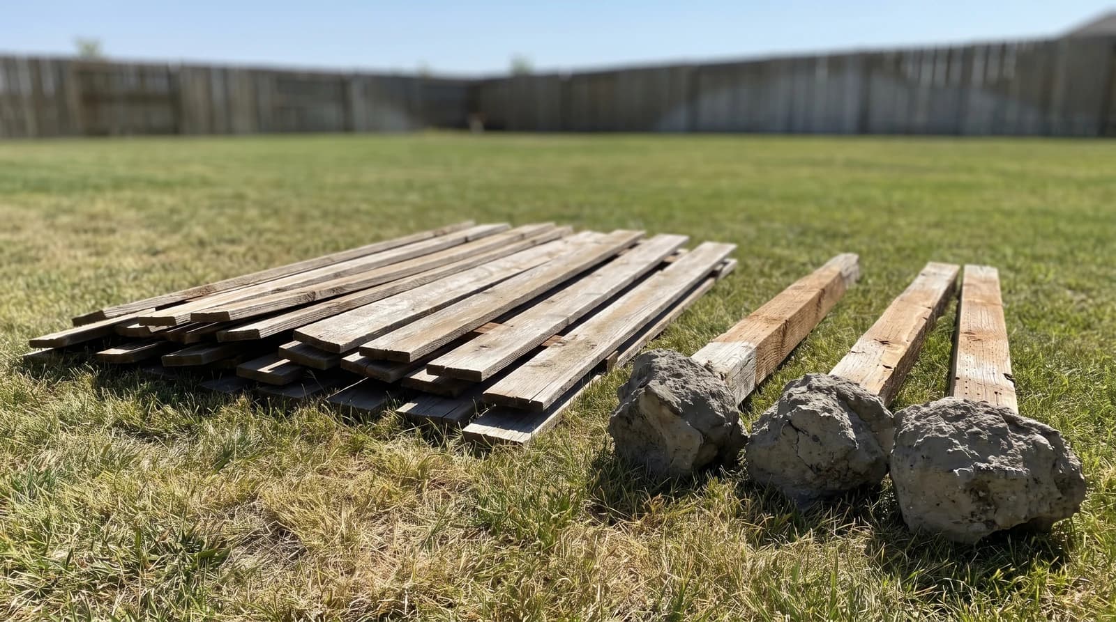 Stacked wood fence pickets and pulled posts with concrete footings after fence removal in a Nampa, Idaho backyard
