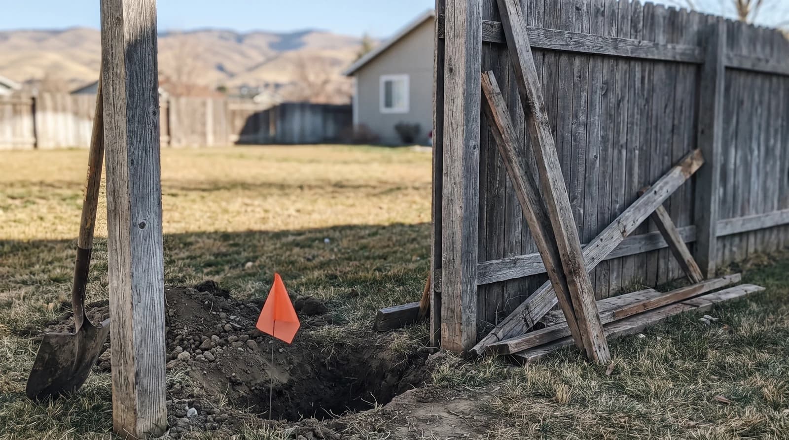 Partially removed wood privacy fence with an open post hole and an orange utility marking flag in a Boise, Idaho backyard