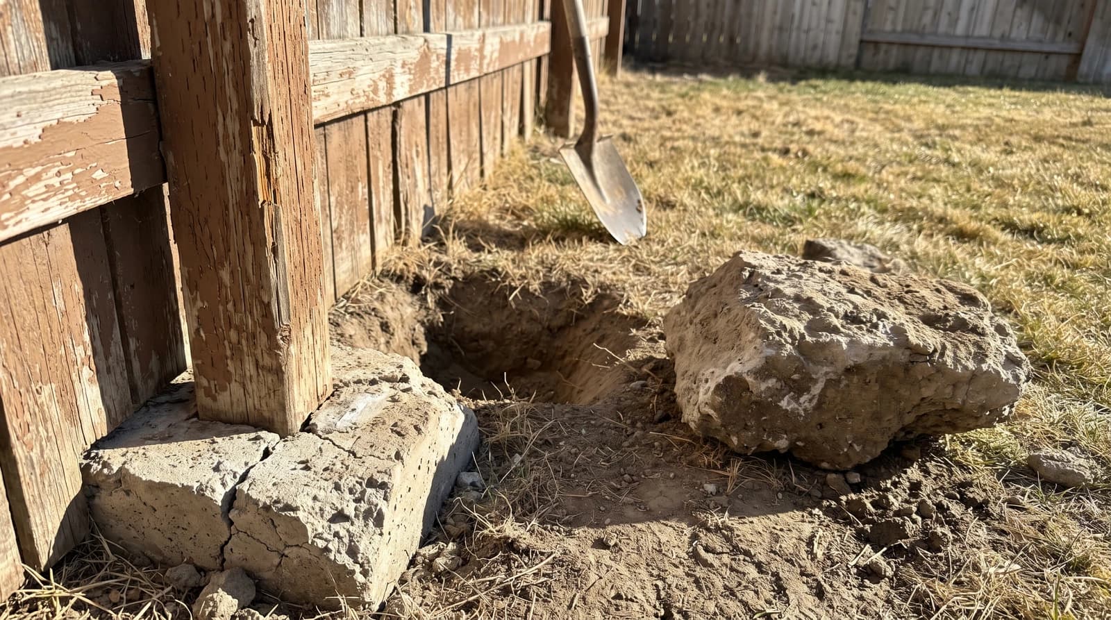 Old wooden fence post set in concrete next to a pulled footing and an open hole during fence removal in Boise, Idaho