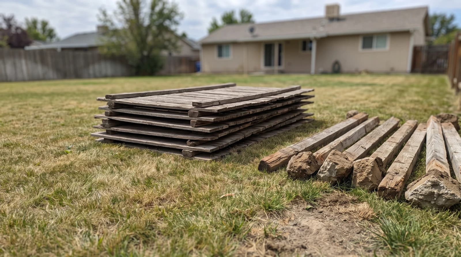 Stacked old wood fence panels and pulled posts with concrete footings on a lawn after fence removal in Boise, Idaho