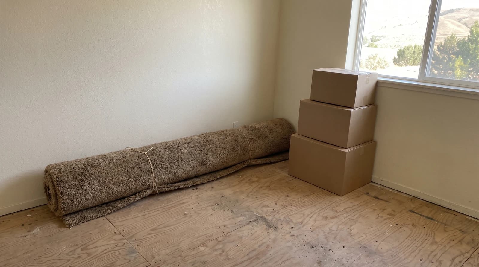 Bare plywood subfloor and rolled-up old carpet in an emptied room after a hoarding cleanup in Meridian, Idaho
