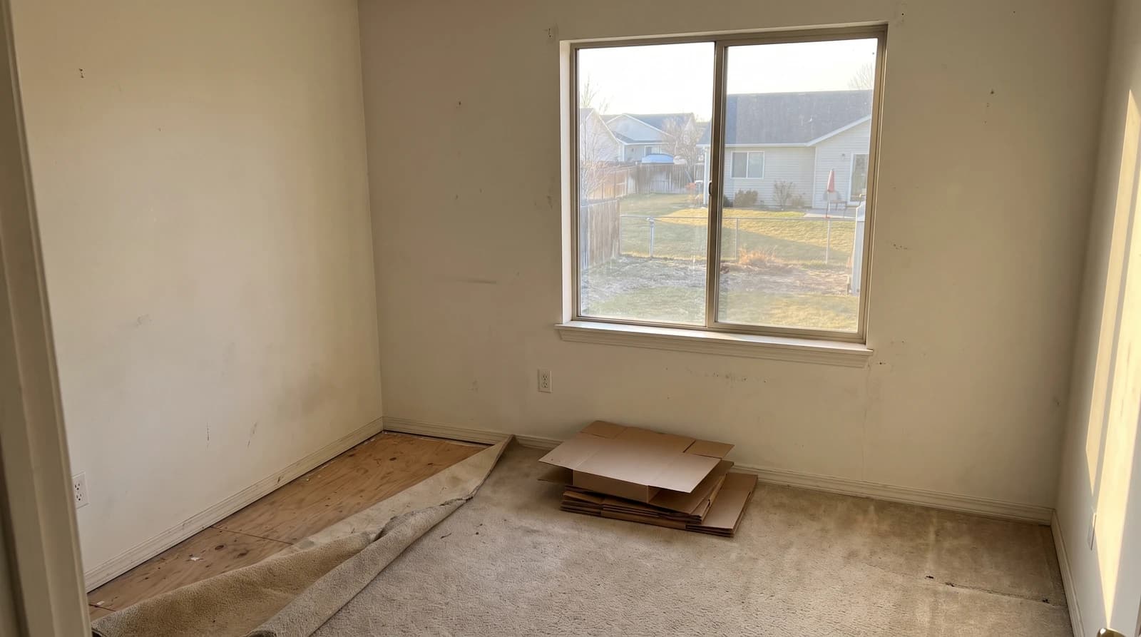 Emptied bedroom in a Meridian, Idaho rental after a hoarding cleanup, with worn carpet pulled back at one corner and flattened boxes stacked by the window