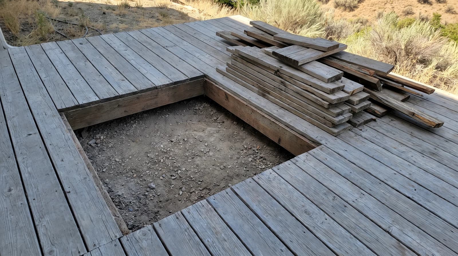 Wooden backyard deck in Nampa, Idaho with a square opening left after hot tub removal and a stack of cut deck boards beside it