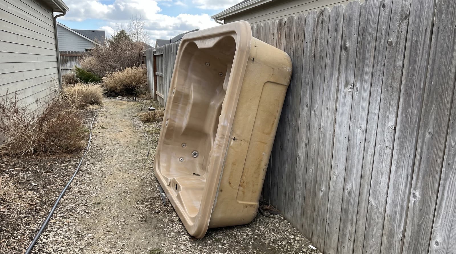 An old hot tub shell tipped on its side in a narrow side yard beside a cedar fence during a hot tub removal in Meridian, Idaho