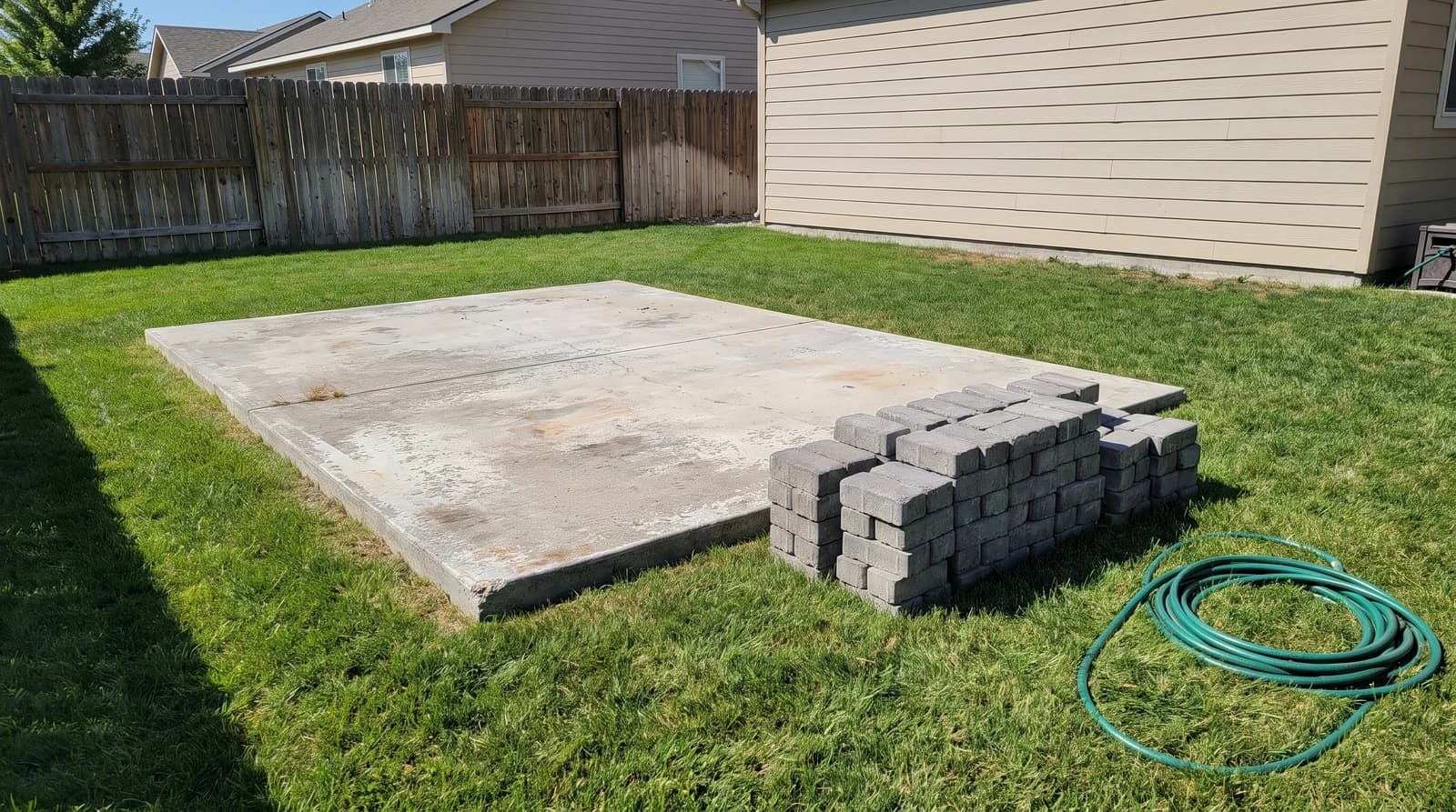 Empty concrete pad in a Meridian, Idaho backyard after hot tub removal, with stacked pavers and a coiled hose on the grass nearby