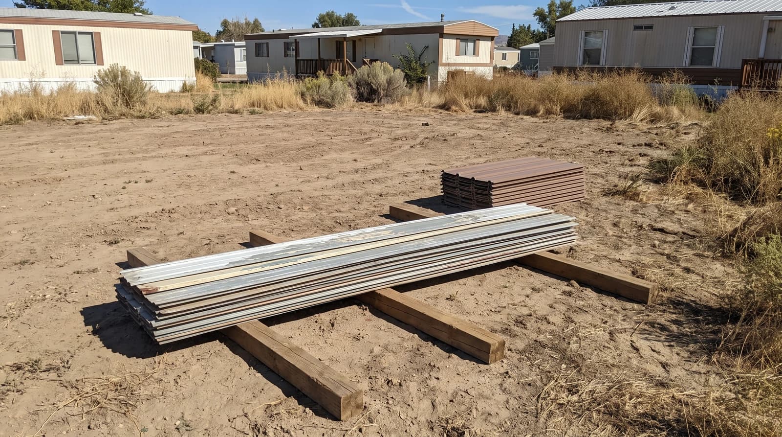 Cleared dirt lot with stacked metal siding and sorted skirting panels after mobile home demolition in Caldwell, Idaho