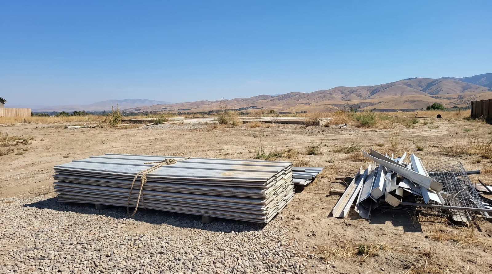 Stacked aluminum siding and sorted scrap metal on a cleared mobile home lot in Boise, Idaho after demolition