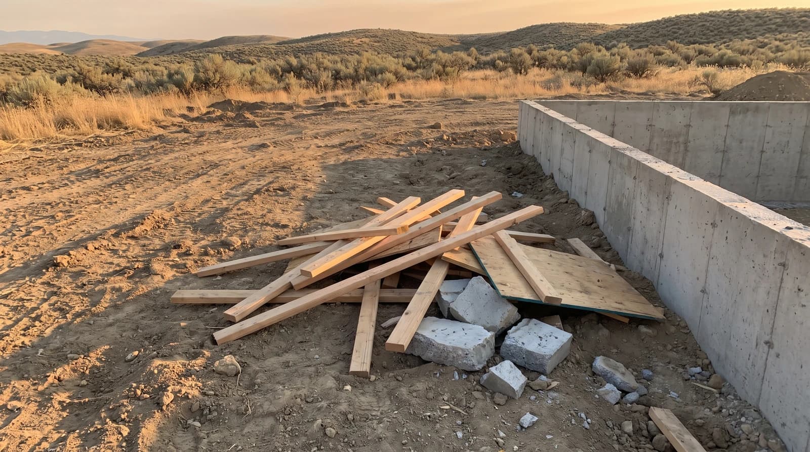 A low pile of scrap lumber and broken concrete chunks on bare graded dirt beside a new home's foundation in Caldwell, Idaho after construction cleanup.