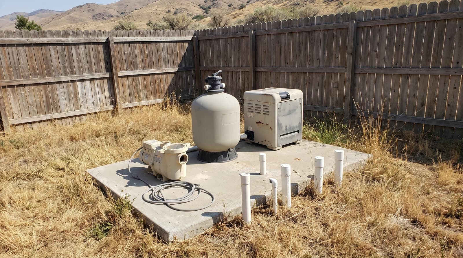 Disconnected pool pump, sand filter, and heater on a concrete equipment pad before pool demolition at a home in Kuna, Idaho