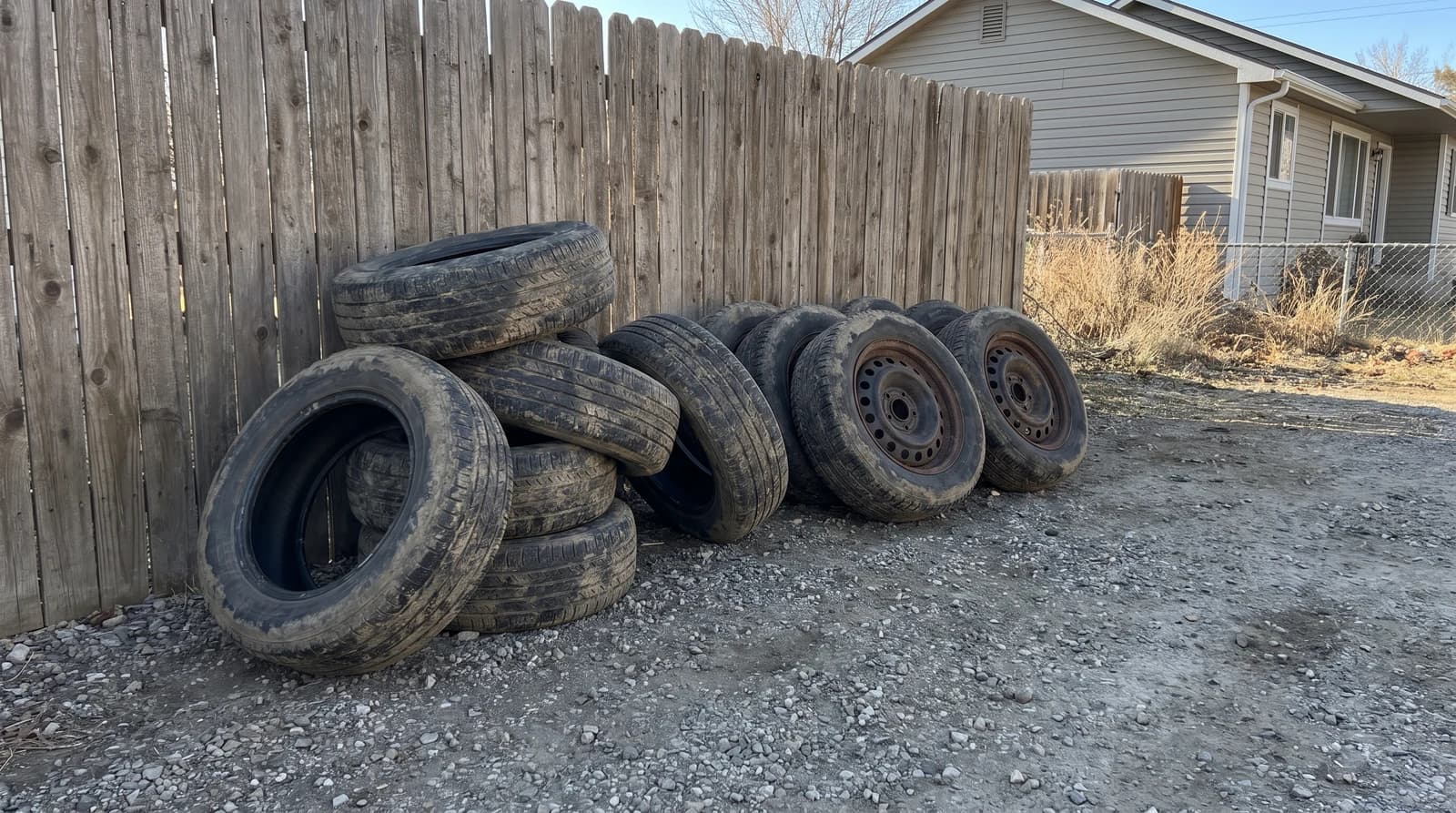 Worn tires stacked on a gravel driveway next to four tires still mounted on steel wheels, with a weathered wooden fence behind them, in Garden City, Idaho