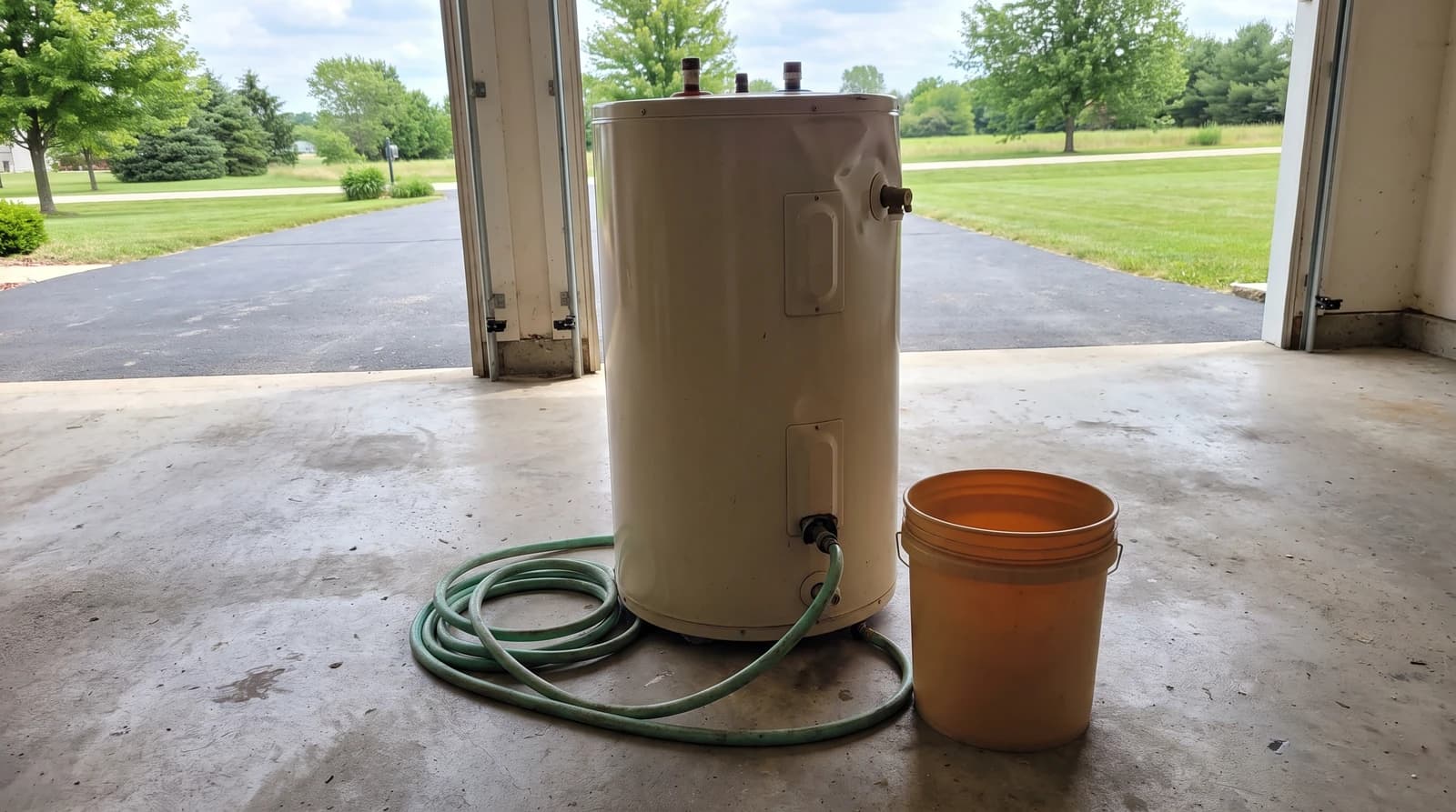 Old tank water heater on a concrete garage floor next to a garden hose and bucket, drained and ready for removal in Meridian, Idaho