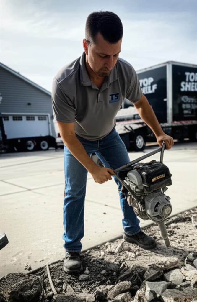 Professional concrete removal with hydraulic breaker demolishing driveway in Boise Idaho