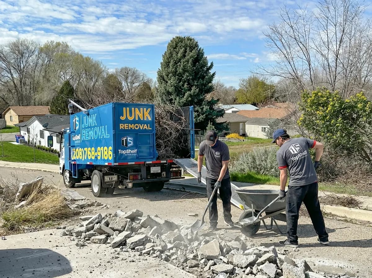 Top Shelf crew member using tools to dismantle a driveway in Boise Idaho