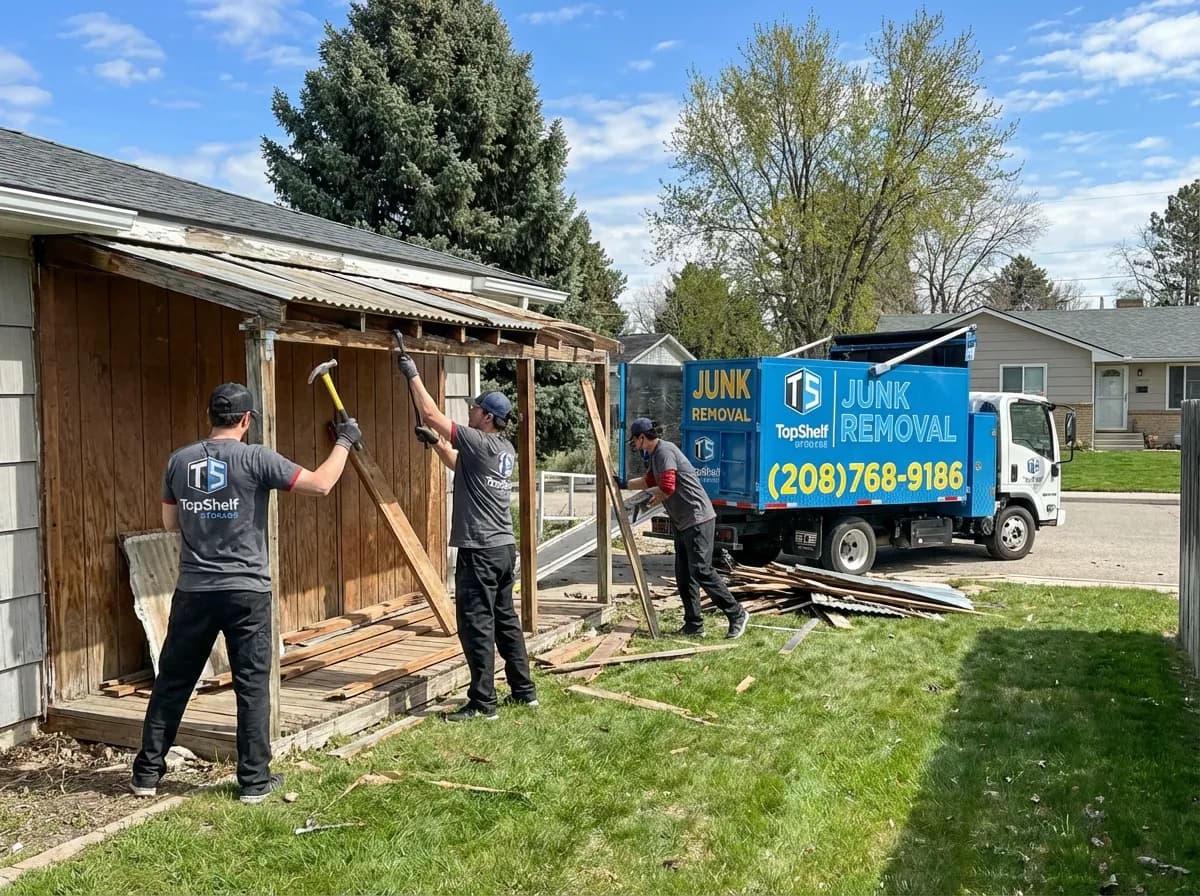 Top Shelf crew demolishing an old lean-to at a property in Boise Idaho