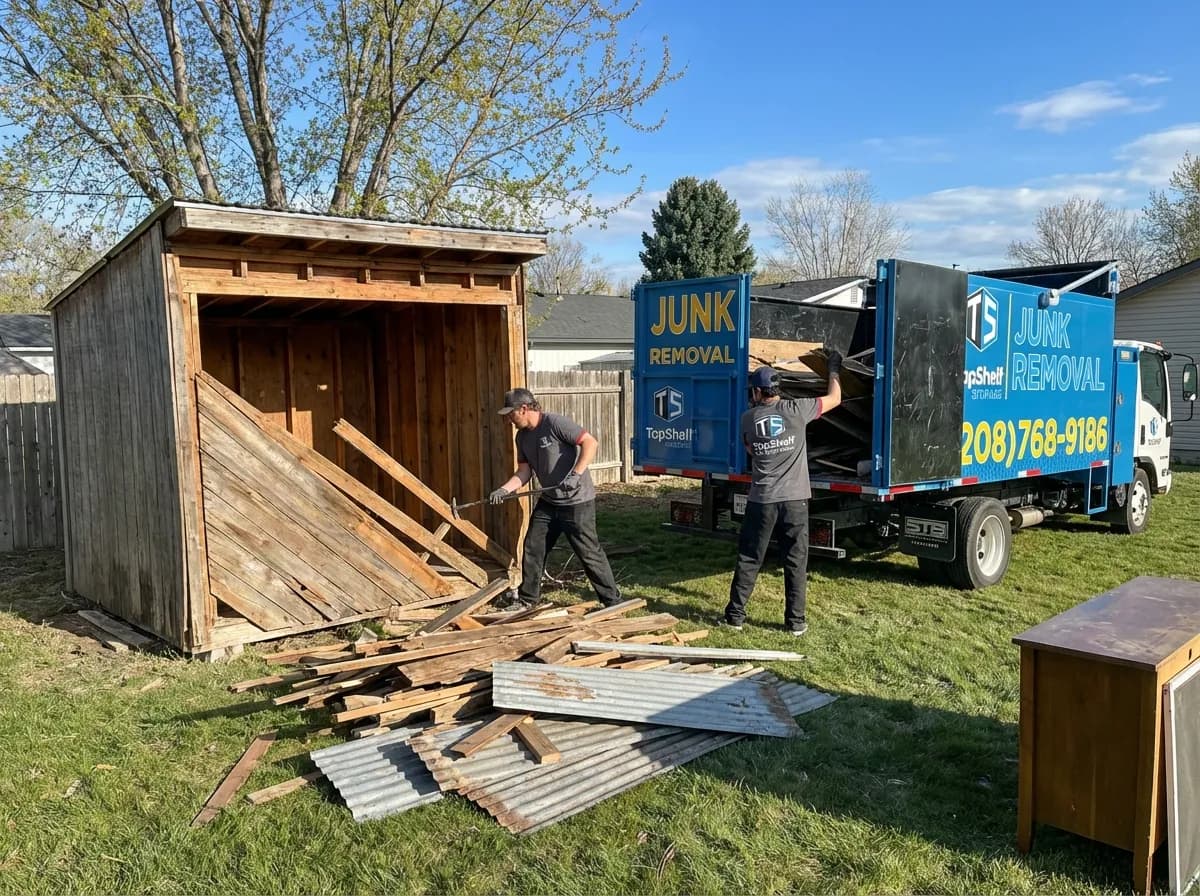 Top Shelf junk removal team loading demolished lean-to materials into the branded truck in Middleton Idaho