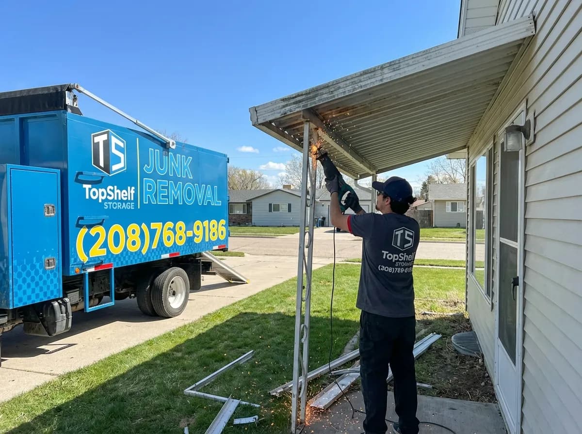 Lean-to demolition by Top Shelf crew at a property in Caldwell Idaho