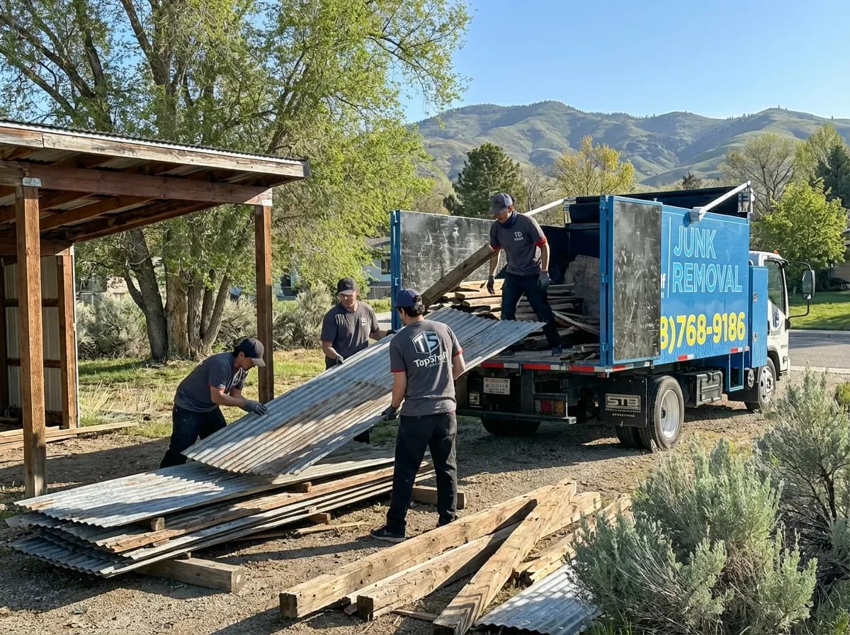 Top Shelf crew member using tools to dismantle an old lean-to in Meridian Idaho