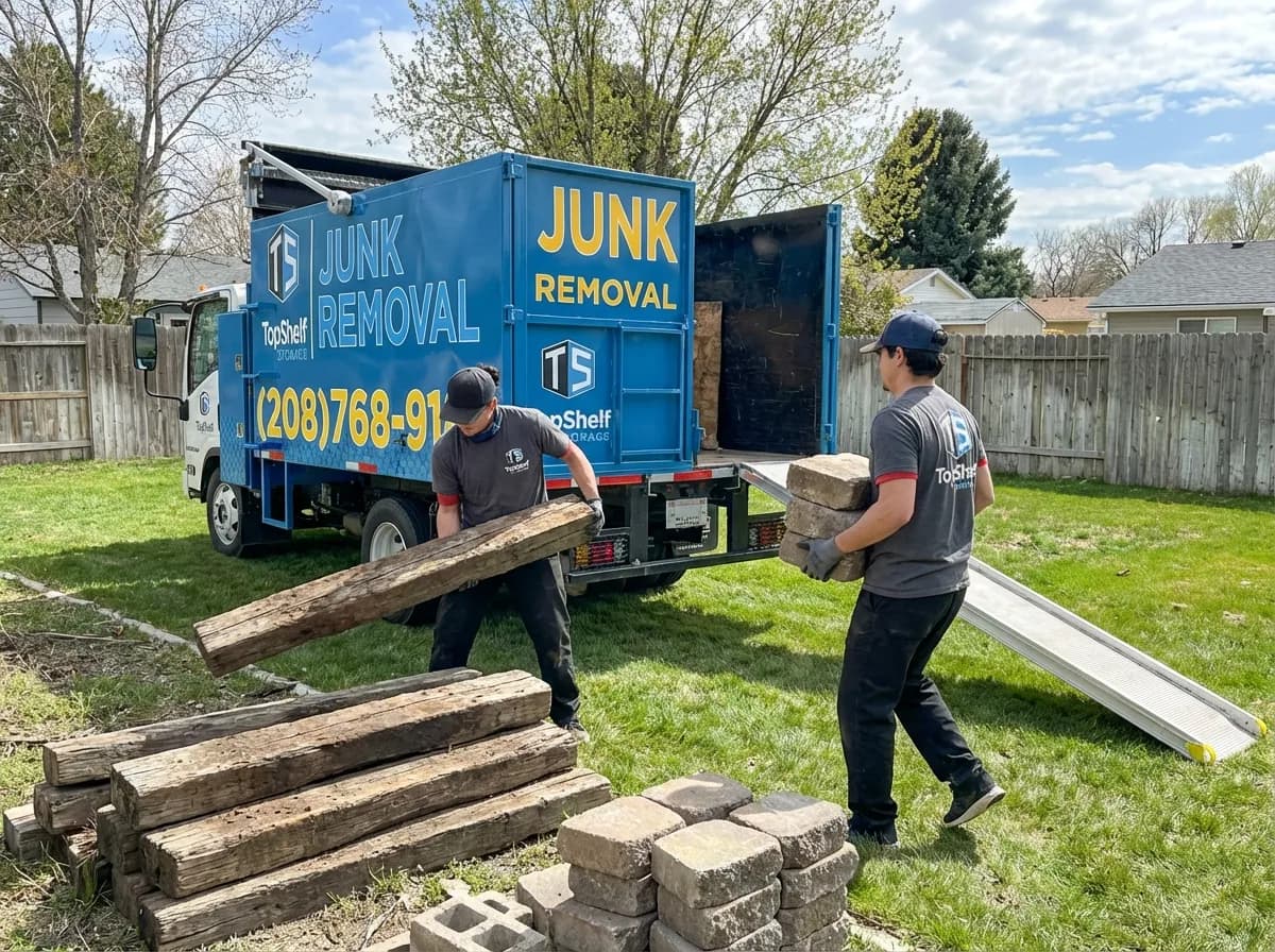 Top Shelf junk removal team loading demolished outdoor features materials into the branded truck in Emmett Idaho