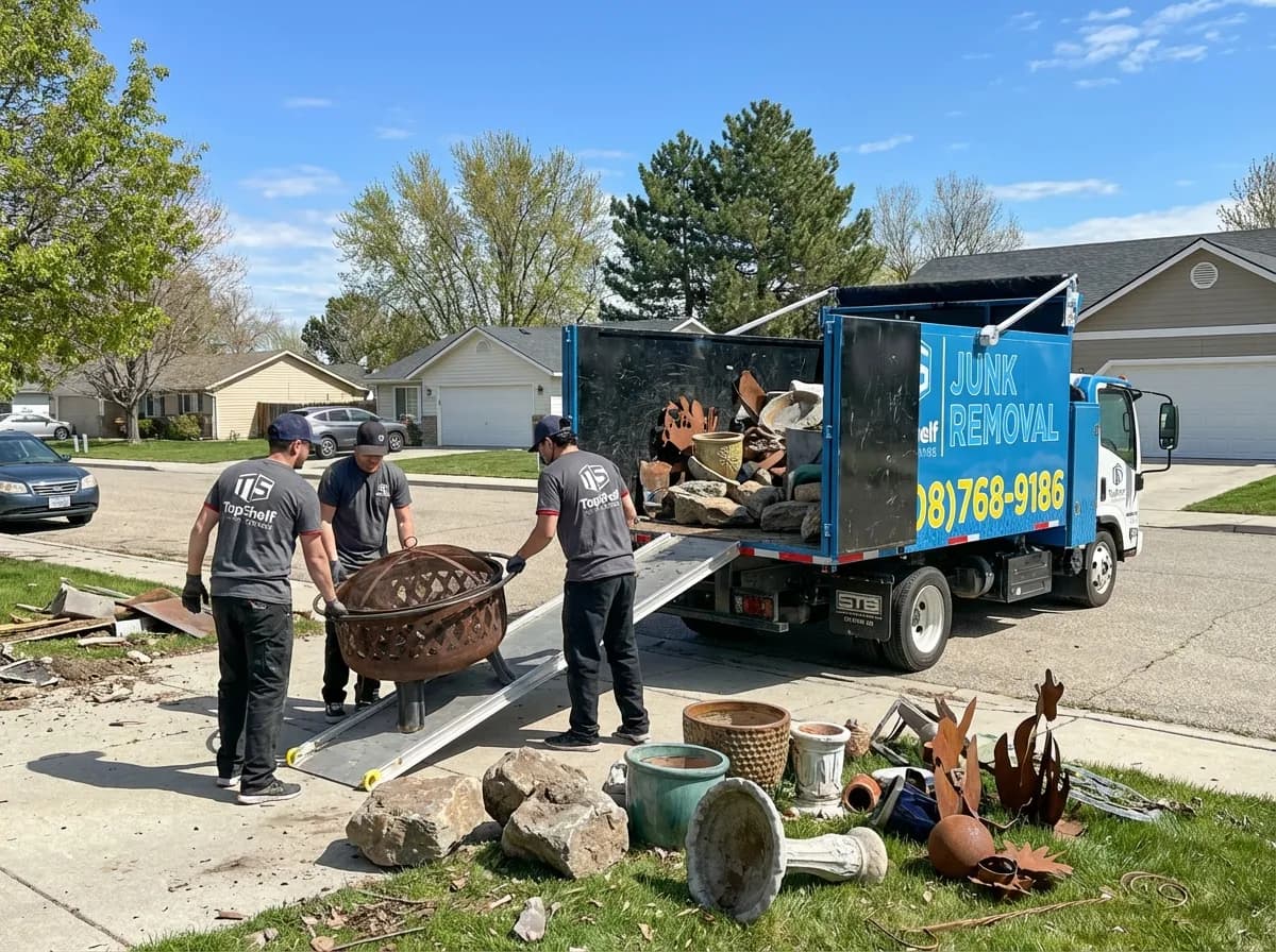 Top Shelf crew member using tools to dismantle old outdoor features in Caldwell Idaho