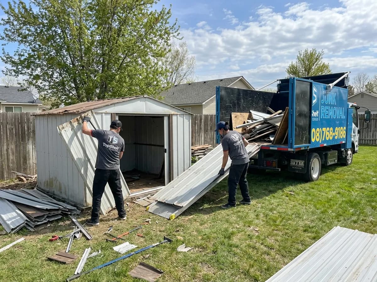 Top Shelf junk removal team loading demolished shed materials into the branded truck in Garden City Idaho