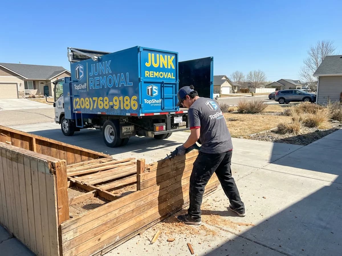 Shed demolition by Top Shelf crew at a property in Emmett Idaho