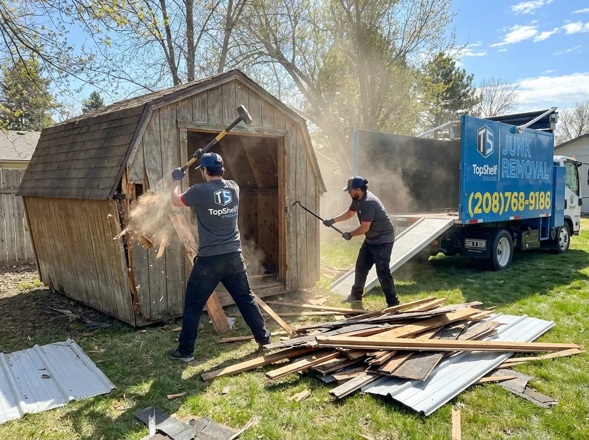 Professional shed demolition and debris removal by Top Shelf crew in Kuna Idaho