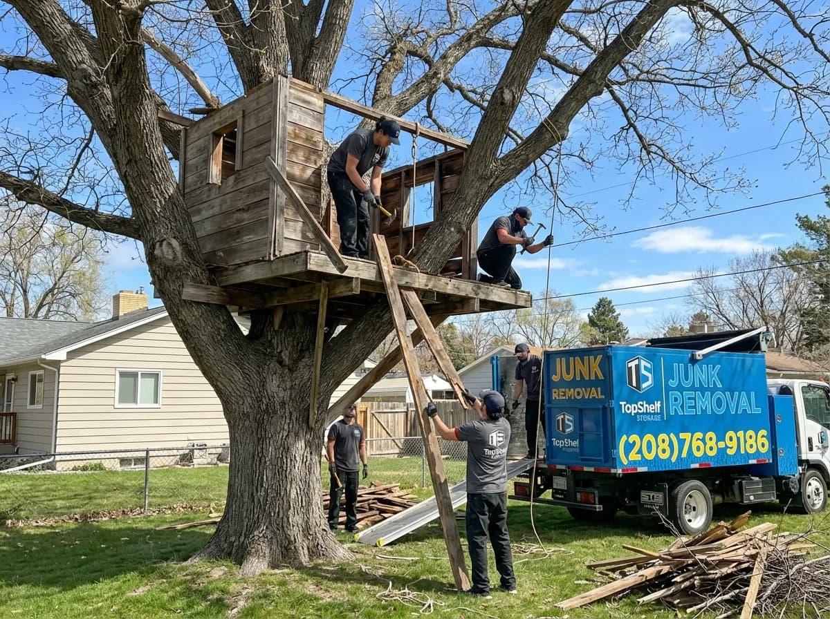 Top Shelf crew demolishing an old tree fort at a property in Nampa Idaho