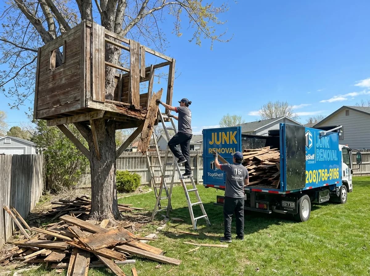 Professional tree fort demolition and debris removal by Top Shelf crew in Kuna Idaho