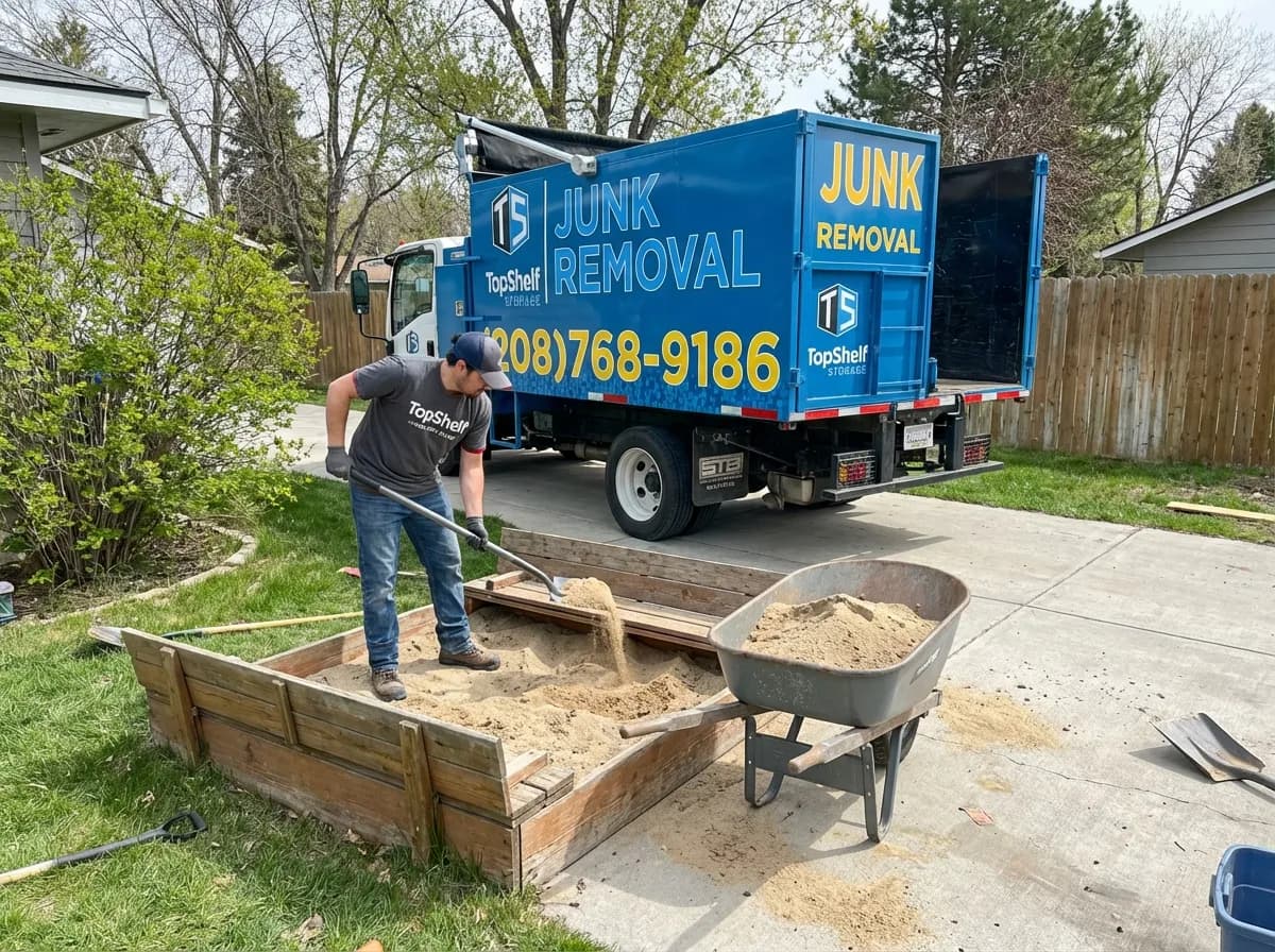 Top Shelf crew member shoveling sand into the junk removal truck in Middleton Idaho